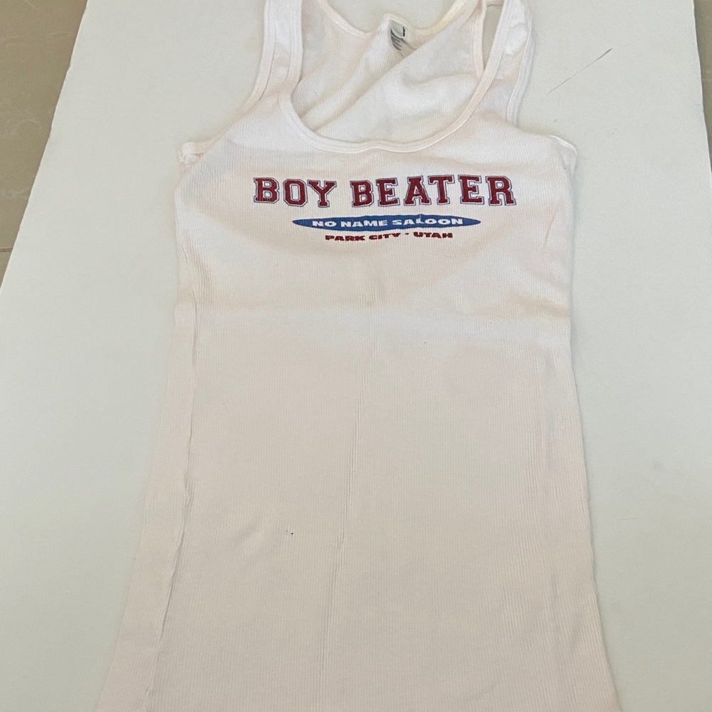White Tank Top with Red and Blue Text